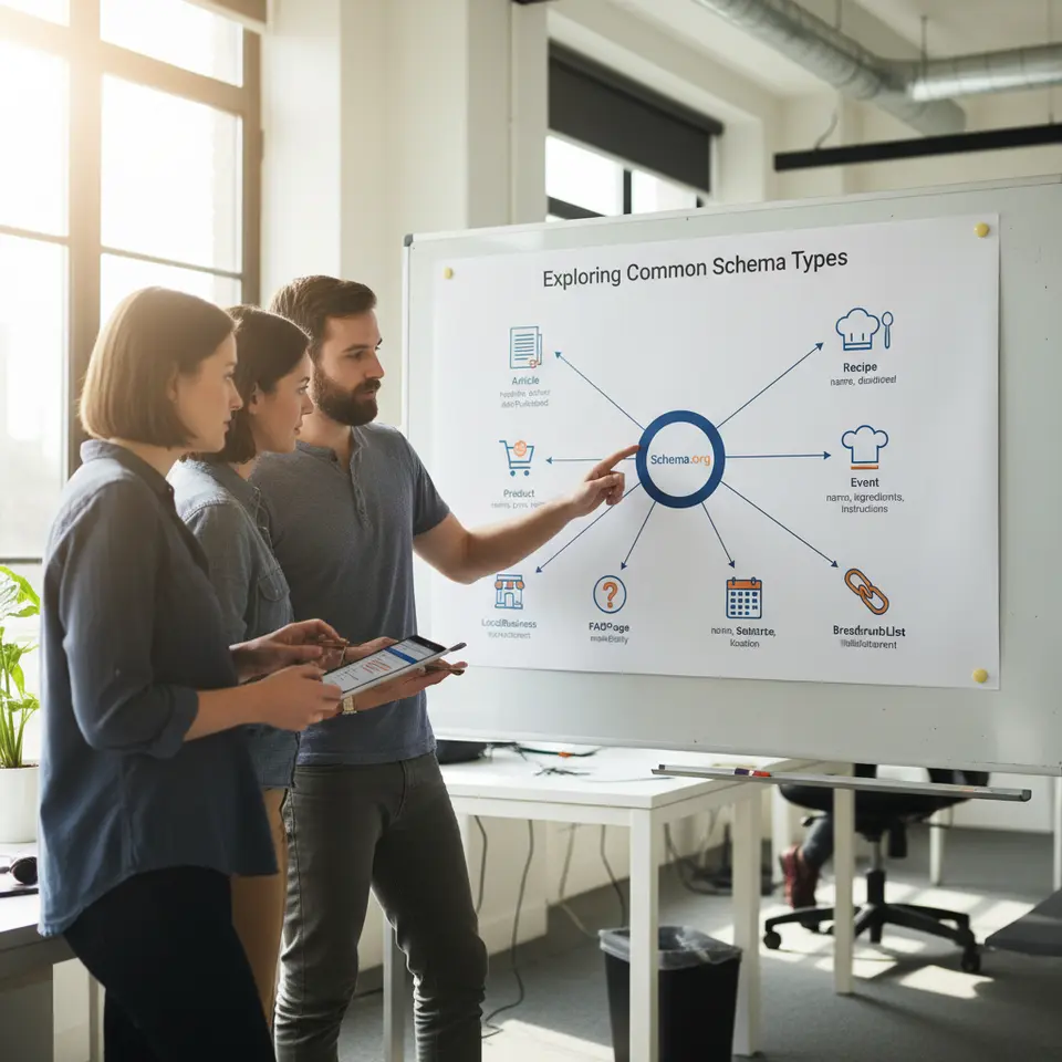 Exploring Common Schema Types as an infographic: a central Schema.org logo connected to distinct icons labeled Article, Product, Recipe, Event, LocalBusiness, FAQPage, and BreadcrumbList, each with brief property callouts