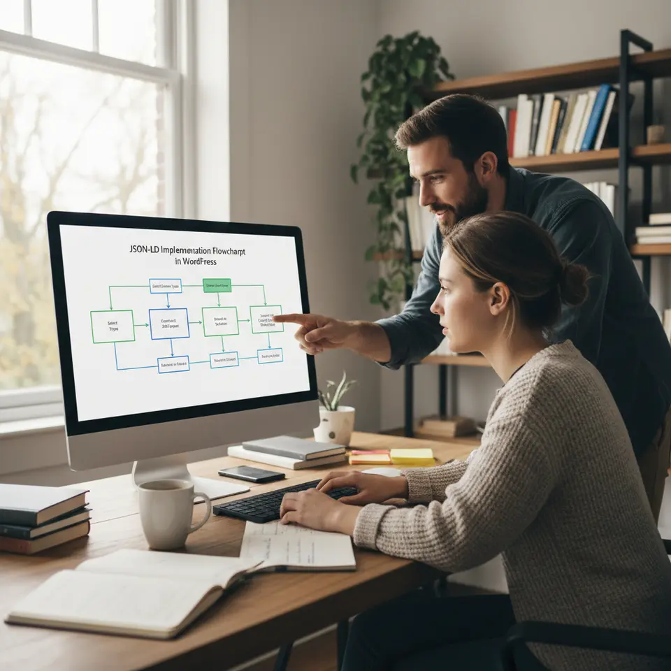 Step-by-Step JSON-LD Implementation Flowchart in WordPress: a five-stage diagram showing Select Schema Type → Construct JSON-LD Snippet → Embed in Head Section → Validate with Google Rich Results Test → Monitor in Search Console